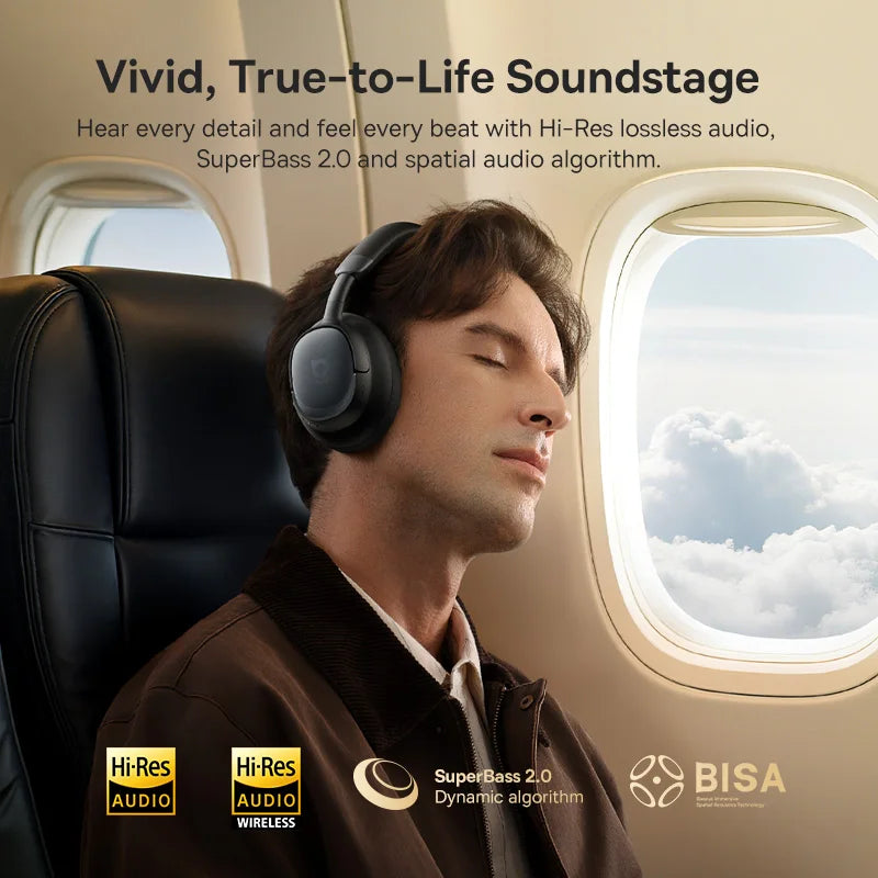 Man wearing headphones on an airplane with promotional text about audio technology.