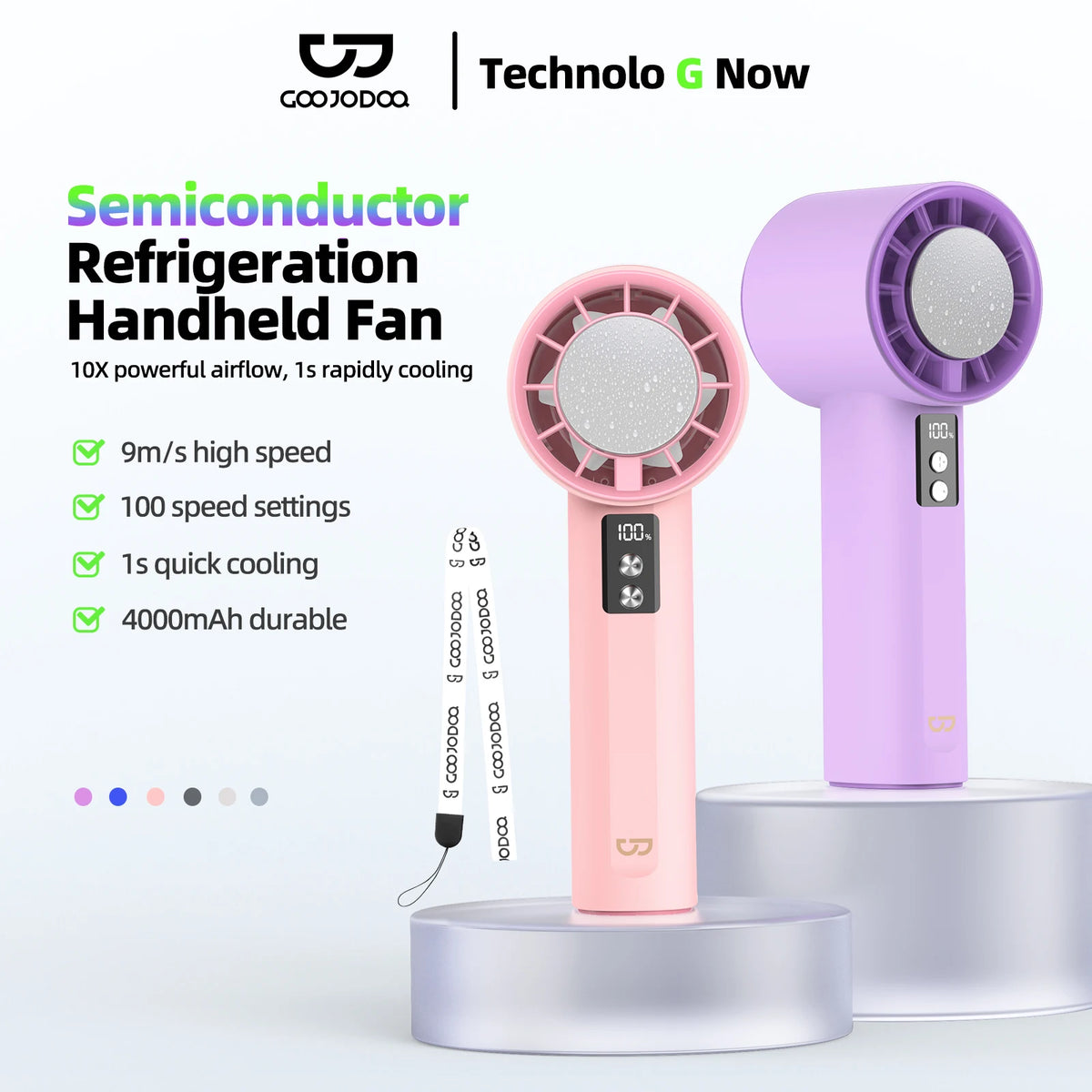 Two handheld fans with semiconductor refrigeration, one pink and one purple, with digital displays and multiple speed settings.