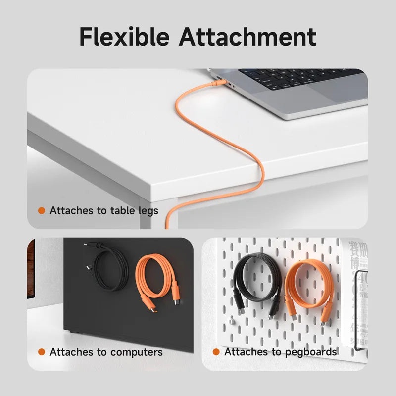 Cable management system with flexible attachment points for table legs, computers, and pegboards.