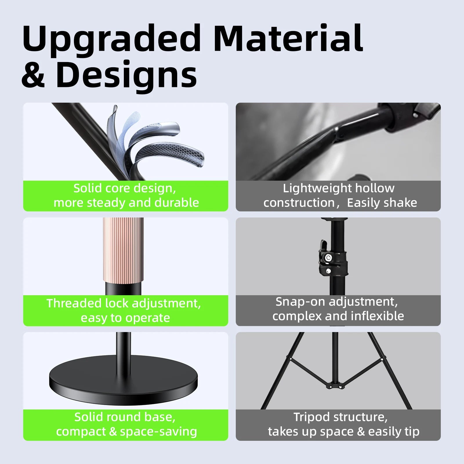 Comparison chart of upgraded material and designs for a stand with text and images.