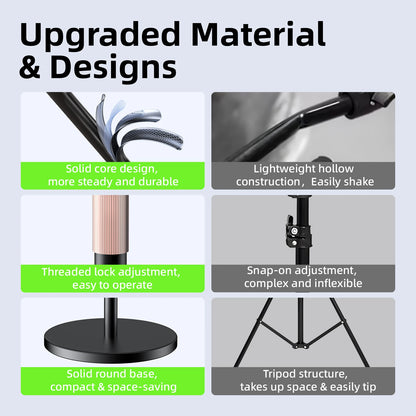 Comparison chart of upgraded material and designs for a stand with text and images.