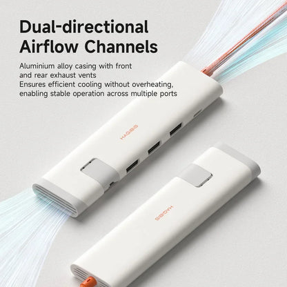 White USB hub with dual-directional airflow channels on a light gray background
