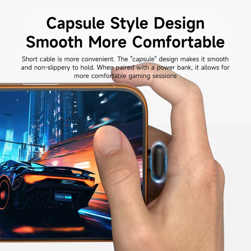Hand holding a phone with a power bank, showing 'Capsule Style Design Smooth More Comfortable' text.