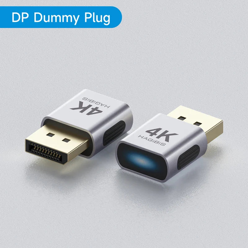 Two 4K HDMI connectors on a light gray background with 'DP Dummy Plug' text.