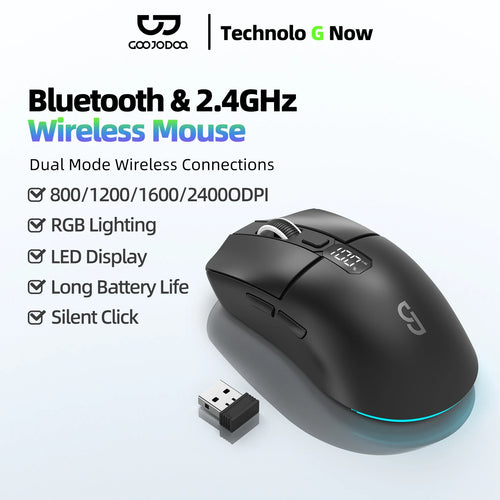 Black wireless mouse with USB receiver on a white background, featuring Technolo G Now branding.