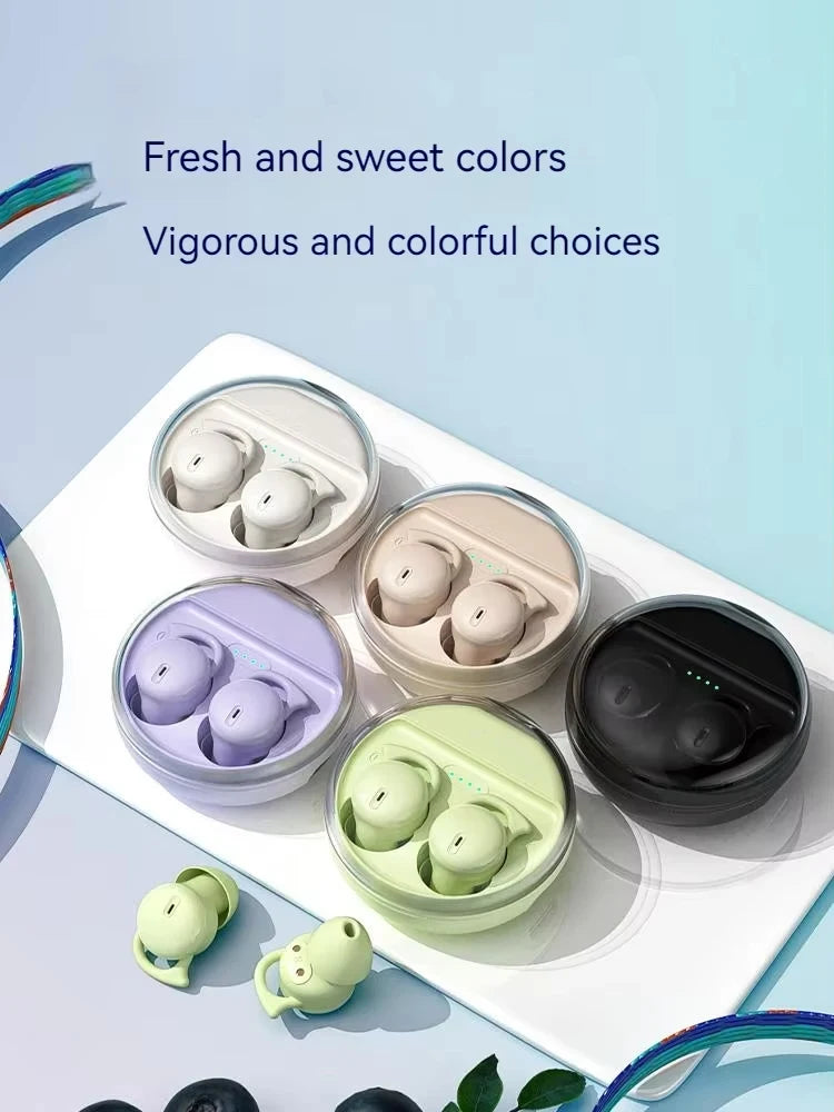 Colorful wireless earbuds in a white case on a light blue background