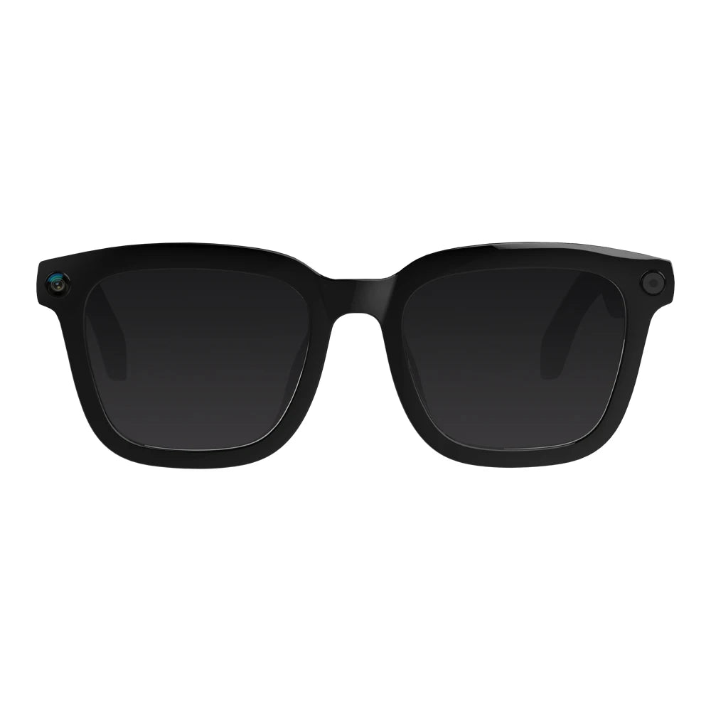 Black sunglasses with dark lenses on a white background