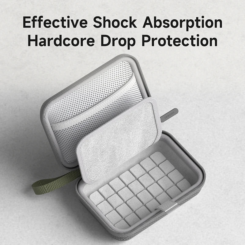 Gray electronic case with shock absorption and drop protection features on a light gray background