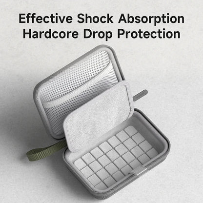 Gray electronic case with shock absorption and drop protection features on a light gray background