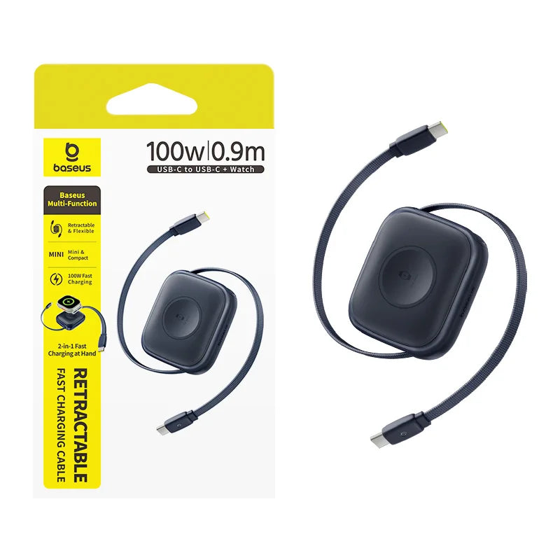 Retractable charging cable with Baseus packaging on a white background