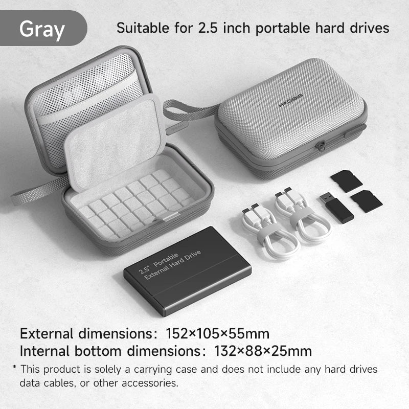 Gray carrying case for 2.5 inch portable hard drives with accessories on a light gray background