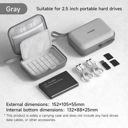 Gray carrying case for 2.5 inch portable hard drives with accessories on a light gray background
