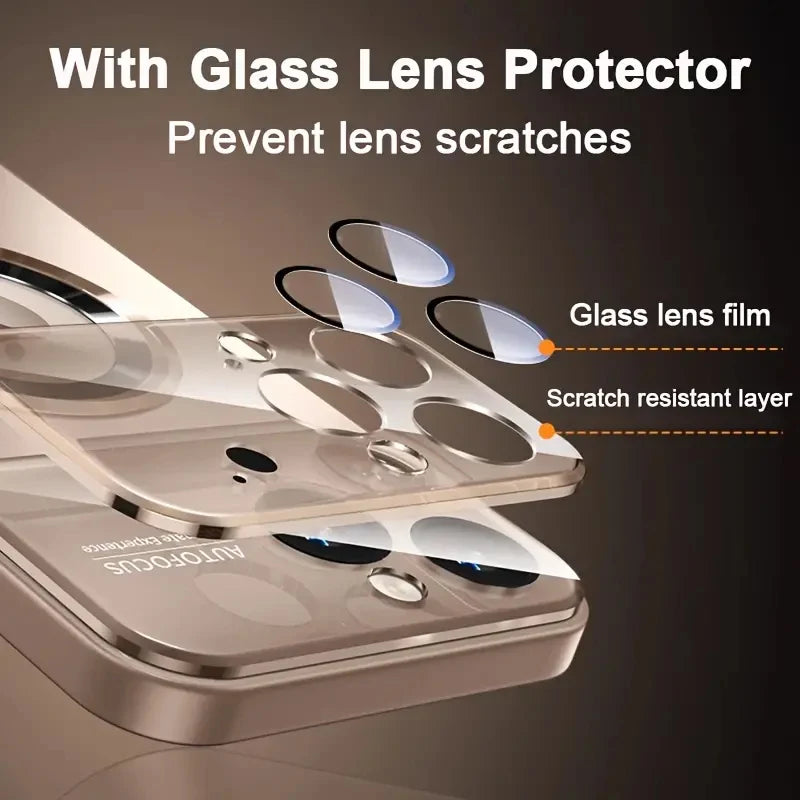 Phone case with glass lens protector showing layers and benefits on a dark background