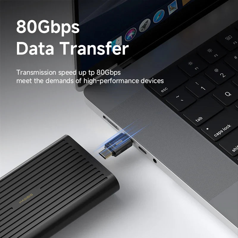 USB drive connected to a laptop with text highlighting 80Gbps data transfer speed.