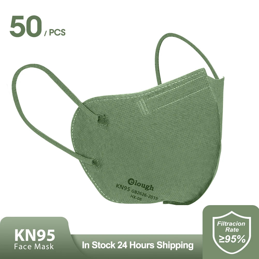 Green KN95 face mask with branding and product details on a white background