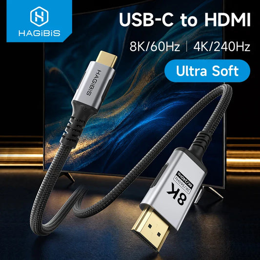 Hagibis USB-C to HDMI cable shown with both connector ends visible, set against a dark screen backdrop with promotional text including 'USB-C to HDMI', '8K/60Hz | 4K/240Hz', and 'Ultra Soft'.