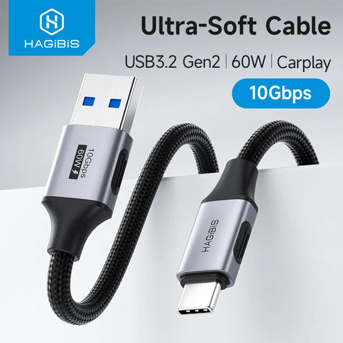 Ultra-soft cable with USB and Type-C connectors on a gray background, featuring the Hagibis brand.