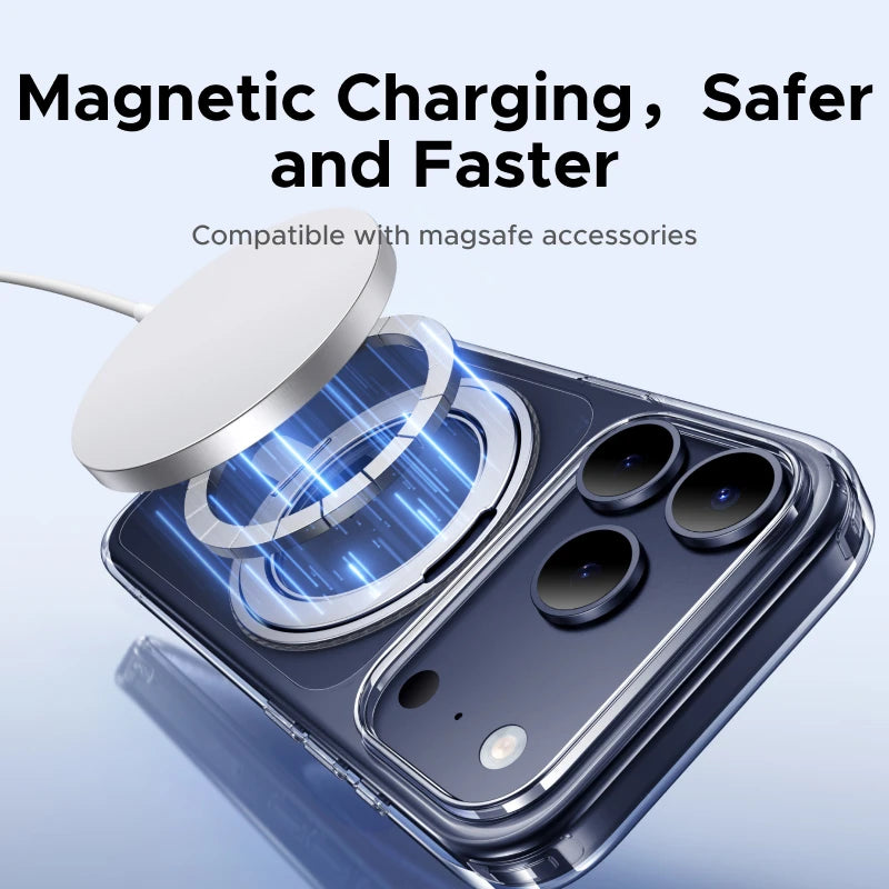 Smartphone with magnetic charging accessory on a light blue background