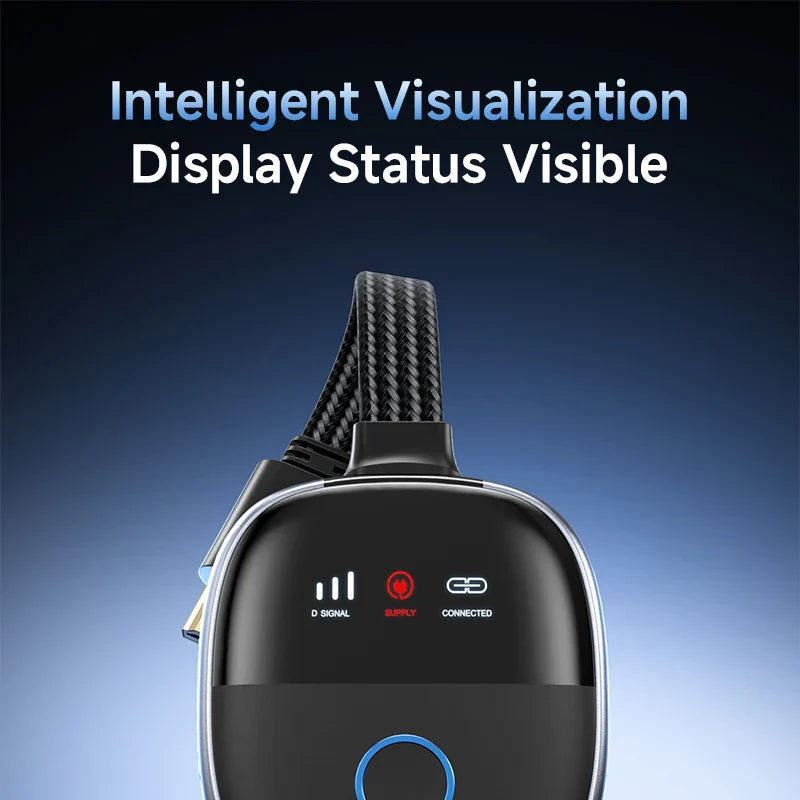 Black electronic device with a display on a blue gradient background, featuring text about intelligent visualization.