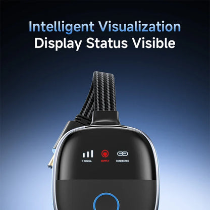 Black electronic device with a display on a blue gradient background, featuring text about intelligent visualization.