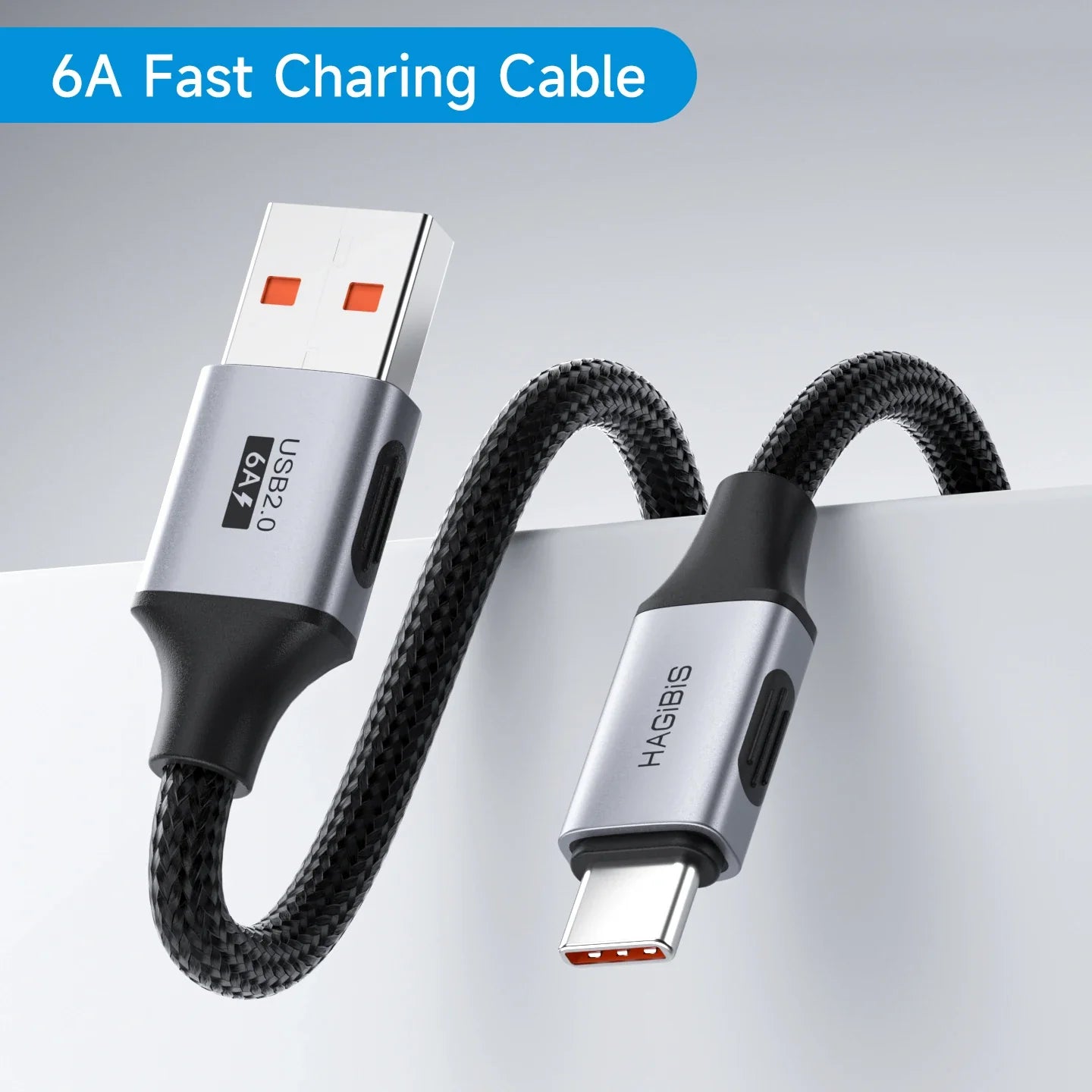 Fast charging cable with USB and Type-C connectors on a light gray background