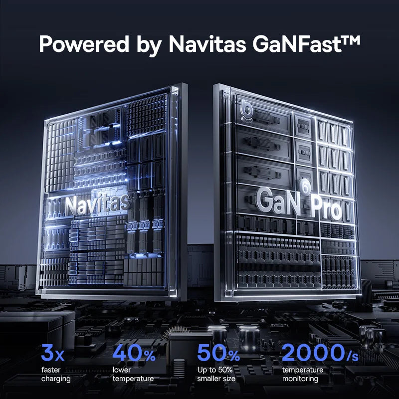 Two electronic components with 'Navitas' branding on a dark background, highlighting features like faster charging and temperature monitoring.