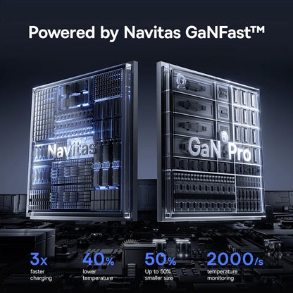 Two electronic components with 'Navitas' branding on a dark background, highlighting features like faster charging and temperature monitoring.