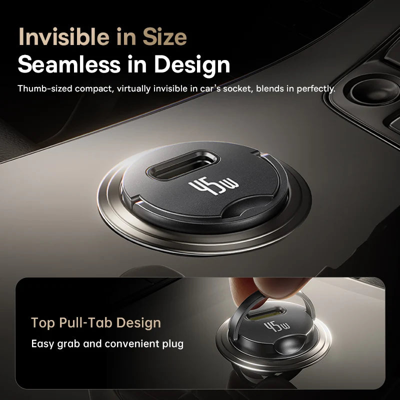 Car cup holder with a compact power adapter, emphasizing size and design.