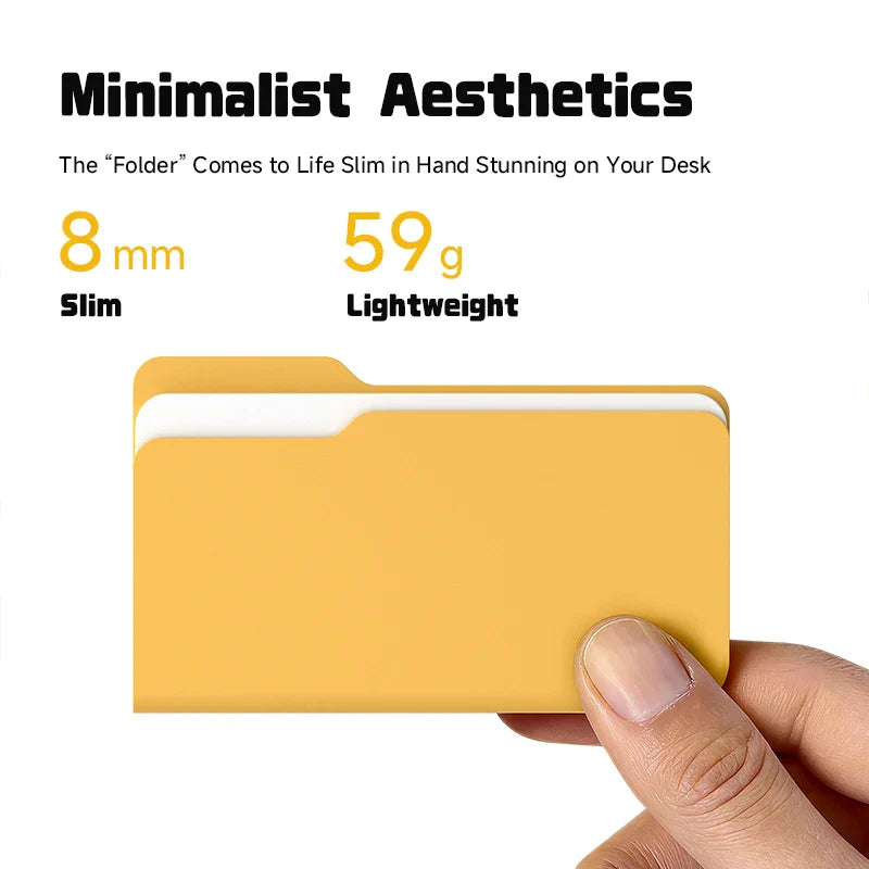 Yellow folder held by a hand with text highlighting its slim and lightweight design.