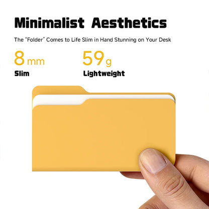 Yellow folder held by a hand with text highlighting its slim and lightweight design.
