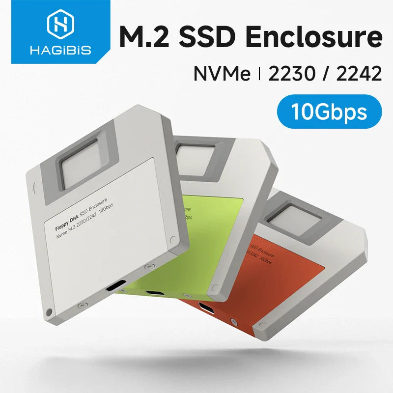M.2 SSD enclosure with NVMe 2230/2242 support on a white background, featuring Hagibis branding.