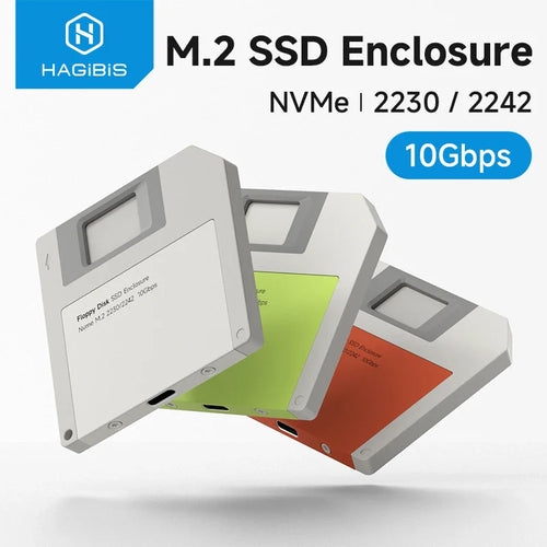 M.2 SSD enclosure with NVMe 2230/2242 support on a white background, featuring Hagibis branding.