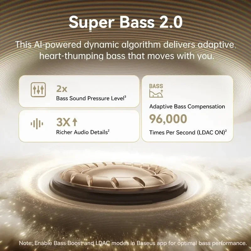 Advertisement for Super Bass 2.0 technology with audio components and text on a gold background.