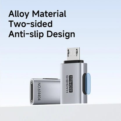 Metal USB adapter with 'HAGIBIS' branding on a light blue background