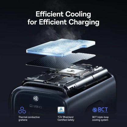 Technical illustration of a cooling system for efficient charging with branding and certification logos.