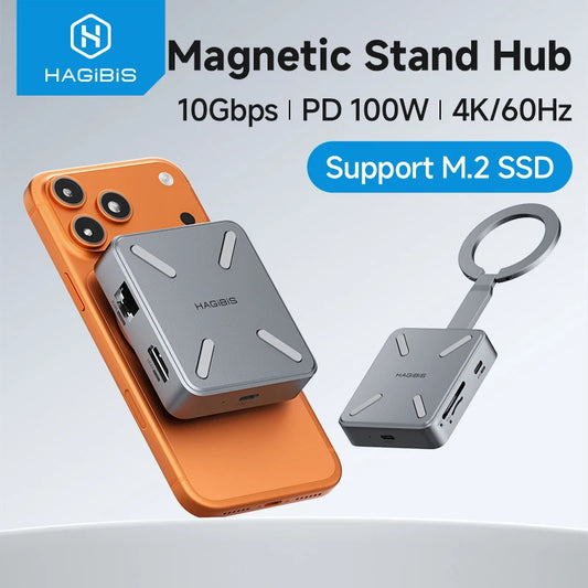 Hagibis Magnetic Stand Hub with smartphone and keychain on a light gray background
