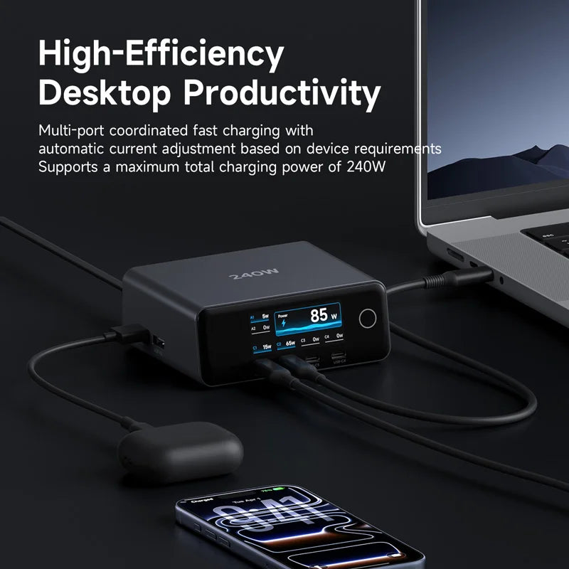 ZAOV power adapter with multiple devices on a dark surface, highlighting high-efficiency desktop productivity.