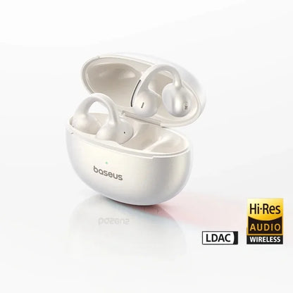 White wireless earbuds with charging case on a white background, featuring the Baseus brand.