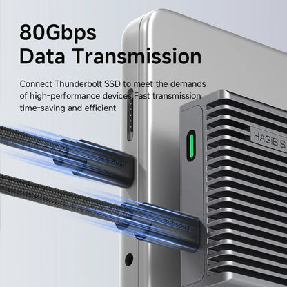 HAGIBIS Thunderbolt SSD with 80Gbps data transmission text on a gray background