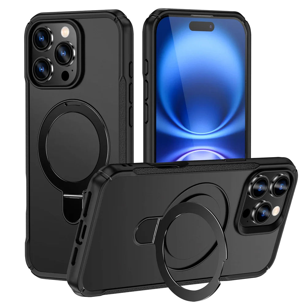 Black phone case with ring holder on a white background