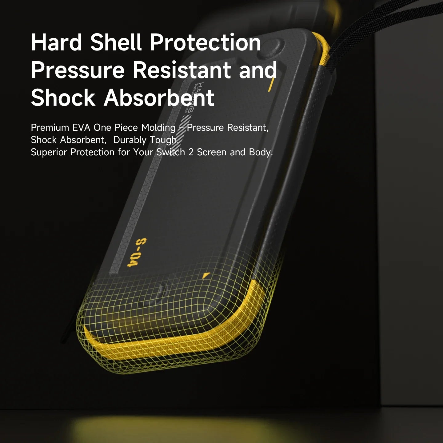 Black and yellow protective case for a gaming console with text highlighting features on a black background