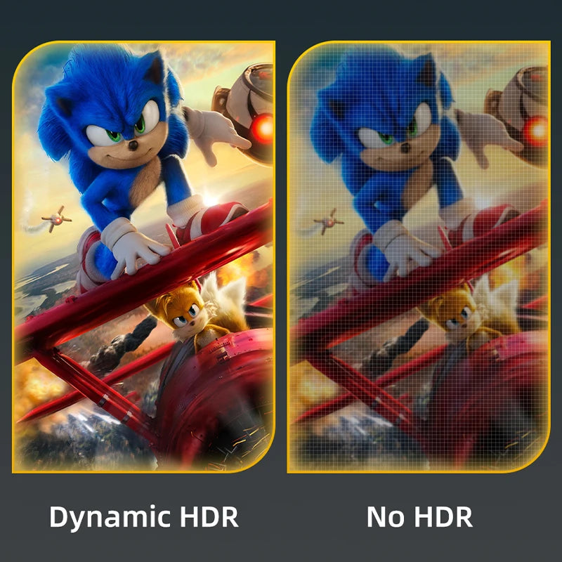 Comparison of Sonic the Hedgehog and Tweety Bird in a dynamic scene with Dynamic HDR on the left and No HDR on the right.