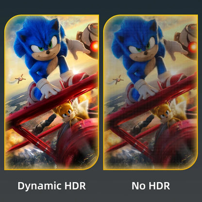 Comparison of Sonic the Hedgehog and Tweety Bird in a dynamic scene with Dynamic HDR on the left and No HDR on the right.