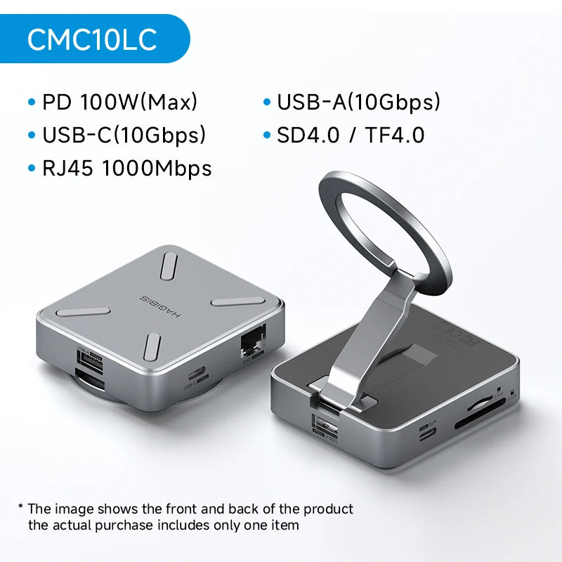 Multifunctional device with USB ports and card slots on a white background