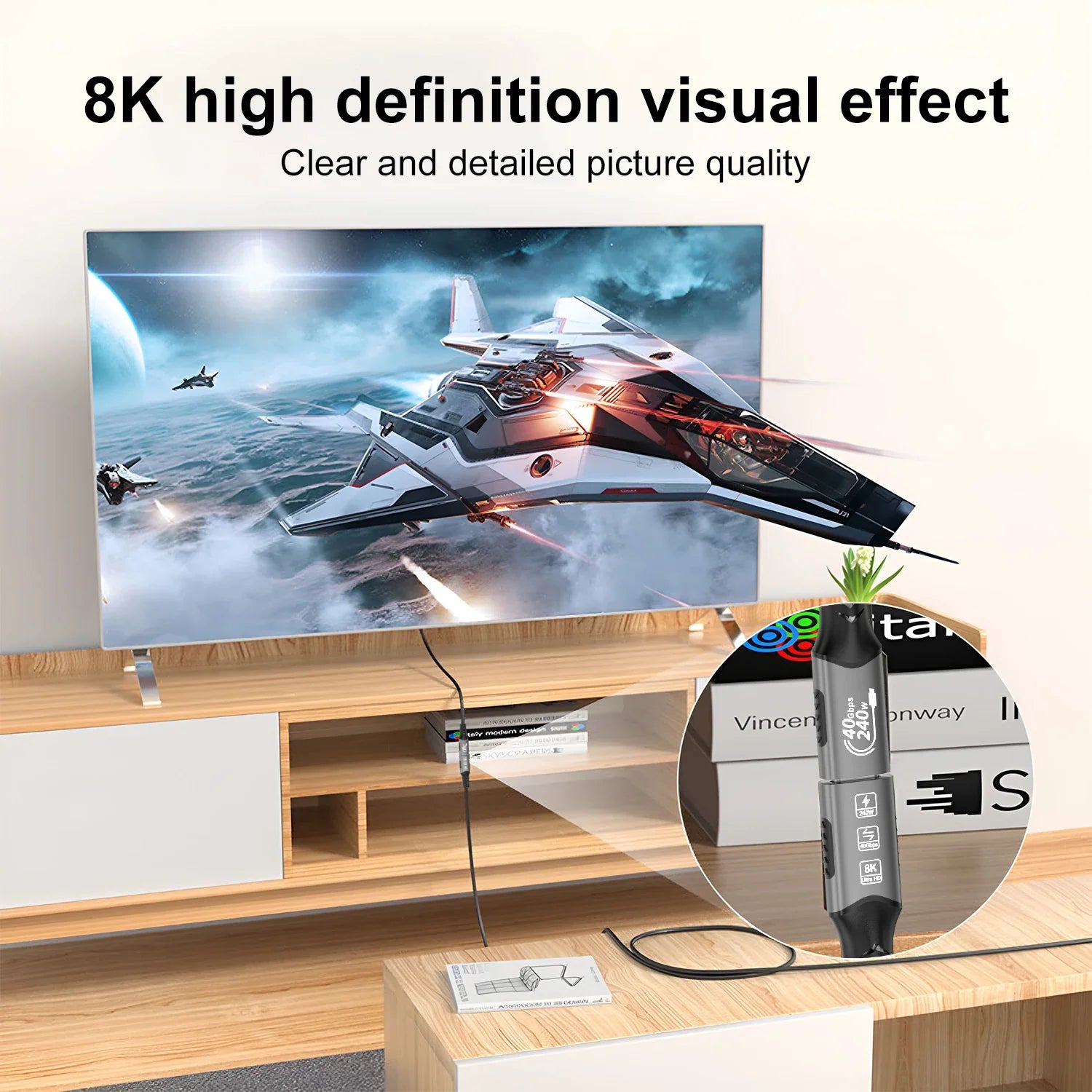 TV displaying a space battle scene with a 3D printer and box on a wooden stand.