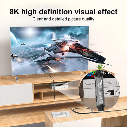 TV displaying a space battle scene with a 3D printer and box on a wooden stand.