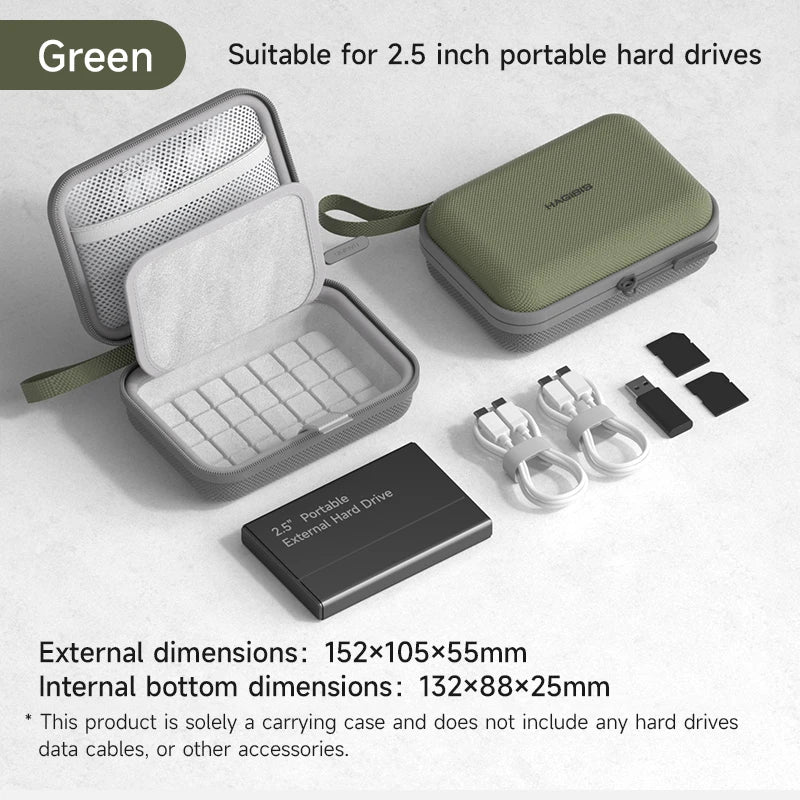 Green carrying case for 2.5 inch portable hard drives with external and internal dimensions displayed.