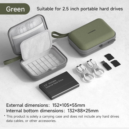 Green carrying case for 2.5 inch portable hard drives with external and internal dimensions displayed.