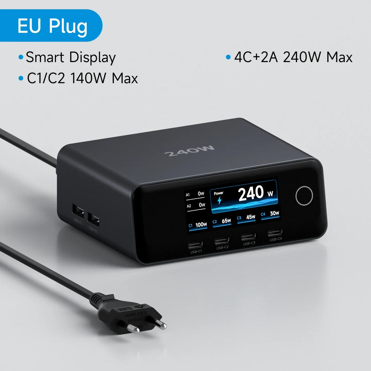 Black power adapter with digital display on a gray background