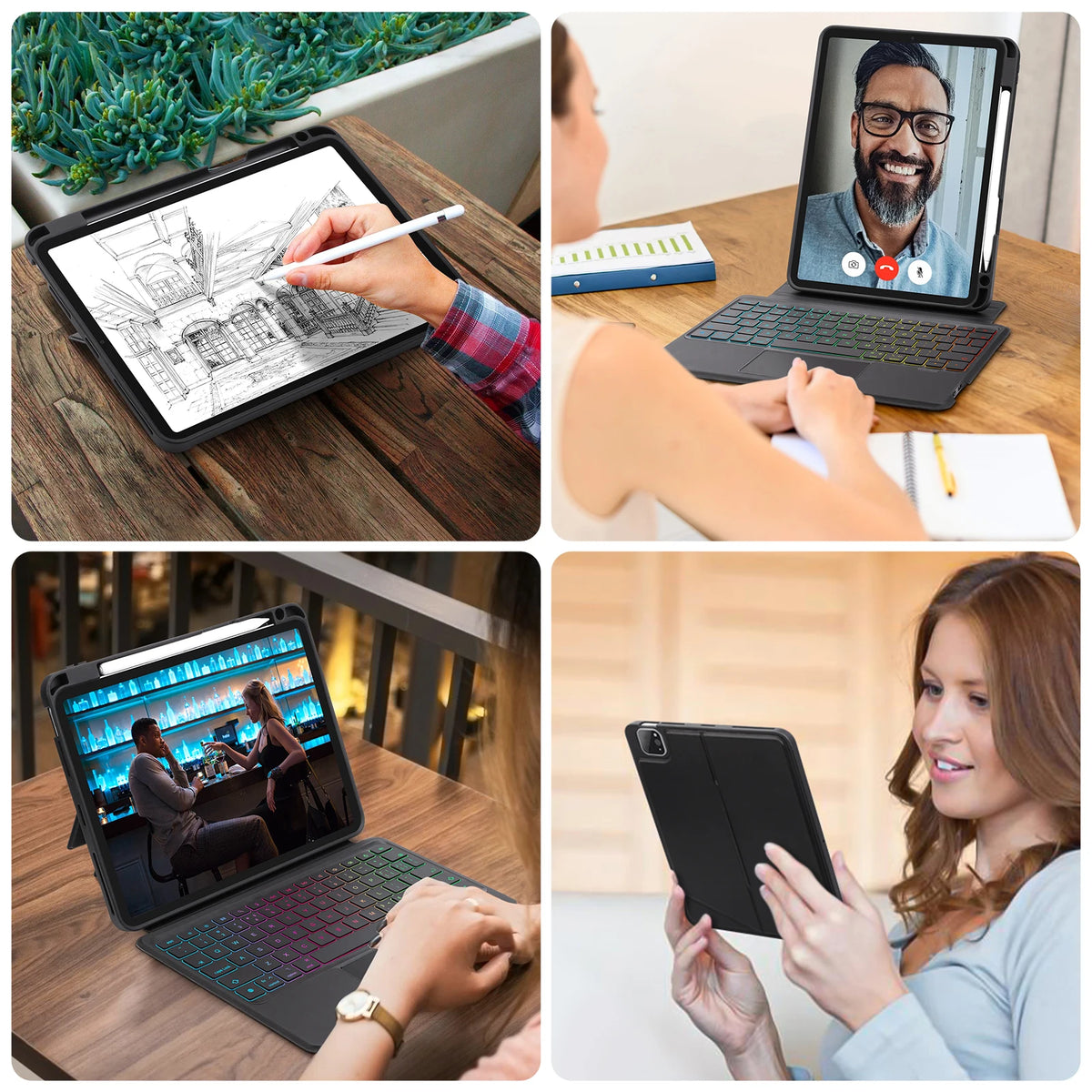 Collage of people using a tablet and laptop for various activities.
